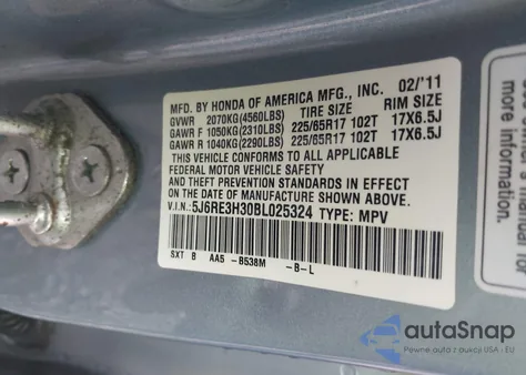 2011 Honda Cr-V Lx from USA, damaged, VIN 5J6RE3H30BL025324